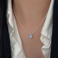 wholesale S925 Sterling Silver with Blue Zircon Heart Necklace for Women, Minimalist and Elegant, Versatile Small Silver Bead Collarbone Chain-Pure silver (40+5CM)