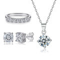 wholesale 925 Silver Women's Pure Silver Jewelry Set Three-Piece Set European and American Fashion Necklace Four-Prong Zircon Earrings Row Diamond Ring-0-0