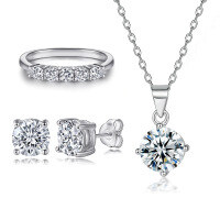 wholesale 925 Silver Women's Pure Silver Jewelry Set Three-Piece Set European and American Fashion Necklace Four-Prong Zircon Earrings Row Diamond Ring-Ring TL-302 US size 9#