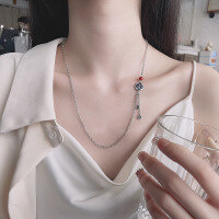 wholesale S925 Sterling Silver Mosaic Epoxy Enamel Four-Leaf Clover Tassel Necklace Retro Palace Ethnic Style Collarbone Chain-522LM/approx. 7.6g 925 silver