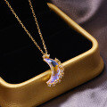wholesale 925 Sterling Silver Korean-style INS Moon Necklace with Blue Luminescent Quartz Stone, Minimalist Luxury Design, Small Collarbone Chain-0-0