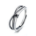 wholesale S925 Silver Korean-style Vintage Distressed Cross-wrapped Black Zircon Adjustable Open Ring for Women-0-4