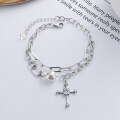 wholesale S925 Sterling Silver Korean-style Luxury Internet-favorite Cross Pearl Double-layer Versatile Hong Kong-style Bracelet-0-0