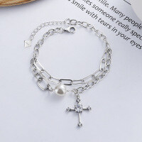 wholesale S925 Sterling Silver Korean-style Luxury Internet-favorite Cross Pearl Double-layer Versatile Hong Kong-style Bracelet-YS120/approx. 5.6g 925 silver