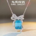 wholesale S925 Sterling Silver Bow Necklace for Women with Aquamarine and High-Carbon Diamond Pendant Collarbone Chain-0-0