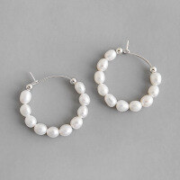 wholesale S925 Sterling Silver ET344 Korean-style Versatile Pearl Earrings with Freshwater Pearls and Beads for an INS Look-Platinum 925 silver