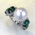 wholesale S925 Sterling Silver 12mm Mother-of-Pearl with Simulated Emerald Cabochon Engagement Ring for Women,-0-2