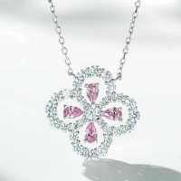 925 Silver Four-Leaf Clover Necklace Women's Red Gangyu Full Diamond High-End Craftsmanship Clavicle Chain-Light pink diamonds  925 silver
