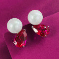 wholesale Metal material first, Zhuozhifan Jewelry New 8*12 Pigeon Blood Red with 10mm Pearl Stud Earrings Fashion Versatile Ear Accessories-0-2