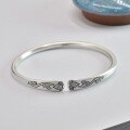 wholesale 9999 Silver Adjustable Open-End Hand-Hammered Engraved Peony Pattern Vintage Bohemian Bracelet for Women-0-0