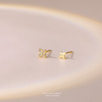 wholesale 925 Sterling Silver Four-leaf Clover  Stud Earrings For Women-Gold 925 silver