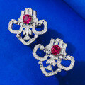 wholesale S925 Sterling Silver 1 Carat European and American Vintage Ruby Stud Earrings for Women, Fashionable and Versatile New Collection by Mu Jing Jewelry-0-2