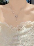 wholesale Metal material S925 small butterfly bow necklace women new luxury design pendant tassel collarbone chain gift-0-3