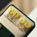wholesale S925 silver retro elegant chicken-fat yellow amber safety buckle earrings, versatile amber jewelry-0-1