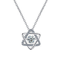 S925 Sterling Silver Hexagonal Star Necklace with Moissanite Pendant-Dynamic Hexagram Necklace (White Gold)  50 Point Moissanite