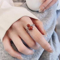 wholesale S925 Sterling Silver Gourd-shaped Southern Red Agate Ring, High Version, Retro Antique Style, Adjustable Index Finger Ring, from Haifeng, Guangdong-YJ1377M/approx. 3.5g Adjustable opening