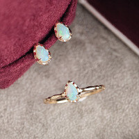 wholesale S925 Sterling Silver Gold-Plated Japanese Light Luxury Jewelry Set with Natural Teardrop Australian Opal Elegant Ring and Earrings-Natural Australian Opal Ring 6#&gt;925 Silver