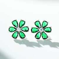 Sterling Silver Necklace with Flower Pendant and Zircon Chain-Six-flower green stud earrings  925 silver