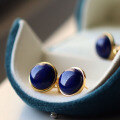 wholesale S925 silver inlaid retro natural royal lapis lazuli ear clips large bread lapis ear studs fashionable minimalist earrings-0-1