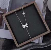 wholesale Metal material S925 small butterfly bow necklace women new luxury design pendant tassel collarbone chain gift-Platinum