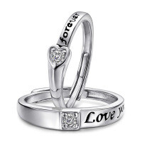 wholesale S925 Sterling Silver Love Heart Diamond Couple Rings Pair, Open-Ended Unisex Wedding Bands with Simulated Diamond Engraving-S925 sterling silver Open ended women's ring