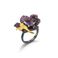 wholesale 925 Silver Secret Garden Designer Natural Gemstone Ring, Birds Singing and Flowers Blooming Design with Natural Amethyst-0-5