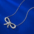 wholesale Metal: 925 Sterling Silver Bow Ribbon Necklace Pendant for Women, Classic Minimalist Fashion Style, Fully Diamond-Covered Choker-0-2