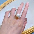 wholesale S925 silver Euro-American minimalist geometric open ring with 14mm pearl in cool tone-0-2