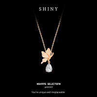 Metal Spring Butterfly Zircon Teardrop Pendant Necklace-S925 Sterling Silver Rose Gold + Zircon  925 Silver