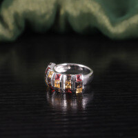 wholesale S925 Sterling Silver Exotic Natural Garnet Crystal Ring with Colored Gemstones, ExaggeratedStyle Ring-Natural Garnet + Smoky Quartz + Citrine Ring  US Size 5