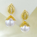 wholesale Gold Metal French Vintage Pearl Earrings 12mm Gold Leaf Elegant Fashion Statement Best-Seller-0-1