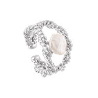 wholesale S925 Sterling Silver 837 Korean Version Minimalist Double-Layer Twisted Rope Inlaid with Baroque Pearl Ring for Women-Platinum [No. 14/Adjustable] Opening adjustable