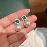 wholesale S925 Sterling Silver New Simulated Emerald Shell Pearl Ear Studs Earrings, Small and Exquisite Style for Women-E383 Green Diamond 925 Silver