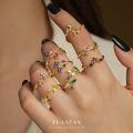 wholesale S925 Sterling Silver Adjustable Floral Ring with Colorful Zirconia, Elegant Nature-Inspired Design-0-0