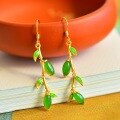 wholesale 925 Silver Gold-Plated with Inlaid Hetian Jasper Cold Enamel Bamboo Leaf Earrings, Retro Chinese Style Hanfu Ear Accessories-0-5