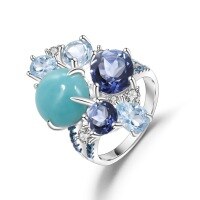 wholesale 925 Silver Designer Luxury Style Gemstone Ring for Banquet, High-End Sense with Natural Amazonite Inlay-Natural Amazonite + Topaz Ring US Size 7