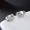 wholesale 925 Sterling Silver Heart-to-Heart Micro-Paved Zircon Stud Earrings for Women, Luxe Chic Fashion Double Heart Cute Personality Earrings-0-0