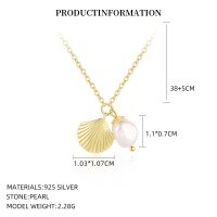 wholesale S925 Sterling Silver Ocean Vacation Style Shell Pearl Necklace Women's-A4634_Natural two-sided polished pearl_18K yellow plated 925 silver