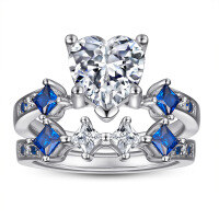 wholesale S925 Sterling Silver Combination Set Ring for Women, Trendy Heart-Shaped Personality Fashion European and American Blue Gemstone Ring, Light Luxury High-End-Platinum Side Ring US Size 5#
