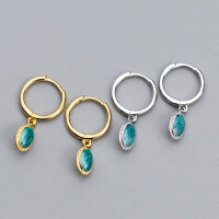 wholesale S925 Sterling Silver, Korean Style Minimalist Elegant Oval Ear Clasp Retro Green Pendant Earrings for Women M01334-S925 silver pair gold 925 silver