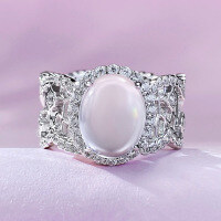 wholesale Silver Metal Natural Hydrolite Ring, 8*10mm Pigeon Egg Cabochon High Ice Gemstone, Row of Diamonds, New Chinese Style-R887 Water Jade High Icy Cabochon Ring Size 7