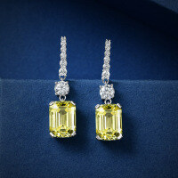 wholesale 925 Silver, Shipei Jewelry Foreign Trade Same Style 8*11 High Carbon Diamond Earrings, Rectangular Chamfered and Flat Cut, 4 Carat Ear Hooks for Women-Goose yellow【E-0179】 Main stone 8*11