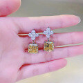 wholesale S925 Silver New 10*10mm Imported High-Carbon Square Cut Yellow Diamond Stud Earrings for Women, Elegant Style-0-3