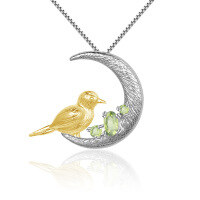 wholesale S925 Silver Designer Chinese Style Gemstone Pendant, Bird and Crescent Moon Design with Natural Peridot Necklace-Sky Blue Topaz Pendant (Includes Silver Chain)