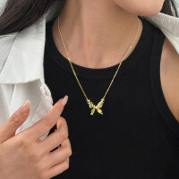wholesale S925 Sterling Silver French Retro Butterfly Necklace With Zircon For Women, Elegant And Stackable-A3289-Gold 925 Silver