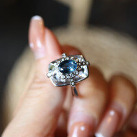 wholesale 925 Silver Natural London Blue Topaz and White Crystal Square Ring, Fashionable and Versatile for Ladies-Blue Topaz and White Crystal Square Ring