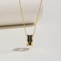 wholesale S925 Sterling Silver Niche Design Sense Small Waist Necklace Women's Collarbone Chain Temperament Circle Pendant Cross-Border New Accessories-Gold + black