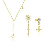 wholesale S925 Sterling Silver French-style Star And Moon Micro-inlaid Earrings With Tassel Necklace For Cross-border Wholesale-Single three-piece set 925 silver