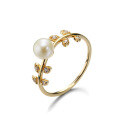 wholesale 925 Silver Gold-Plated Leaf Natural Freshwater Pearl Ring Women's Japanese Style Simple and Elegant New Ring-0-1