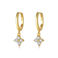 wholesale S925 Sterling Silver Cross-Border Diamond-Embedded Forest Style Four-Leaf Clover Earrings for Women, Light Luxury Fashion Hoop Zirconia Versatile Earrings-E2331-Gold 925 Silver